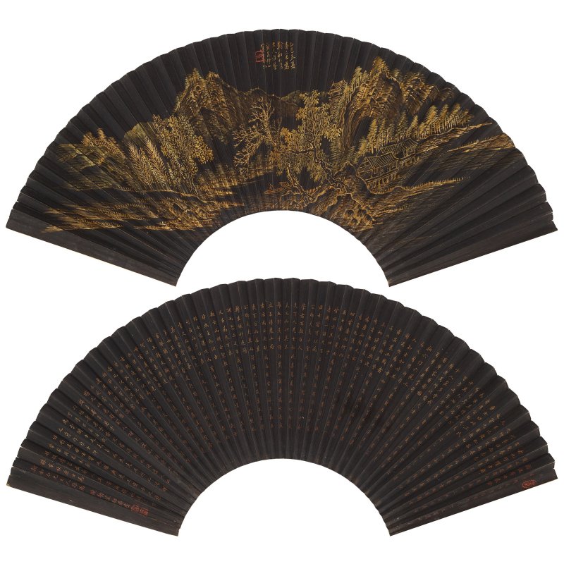 仲山（清代）/笠舫（清代）　山水/小楷　描金黑紙本　成扇 | ZHONG SHAN (QING DYNASTY) and LI FANG (QING DYNASTY)
