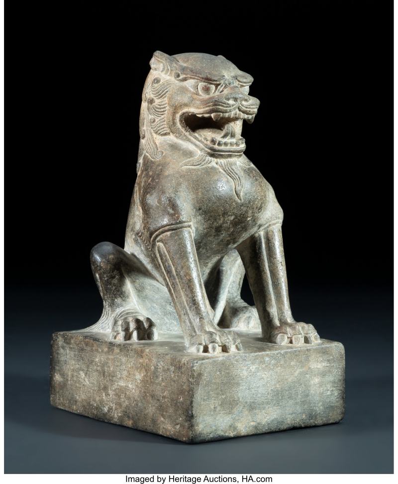 A Chinese Carved Grey Stone of a Seated Lion - 图2