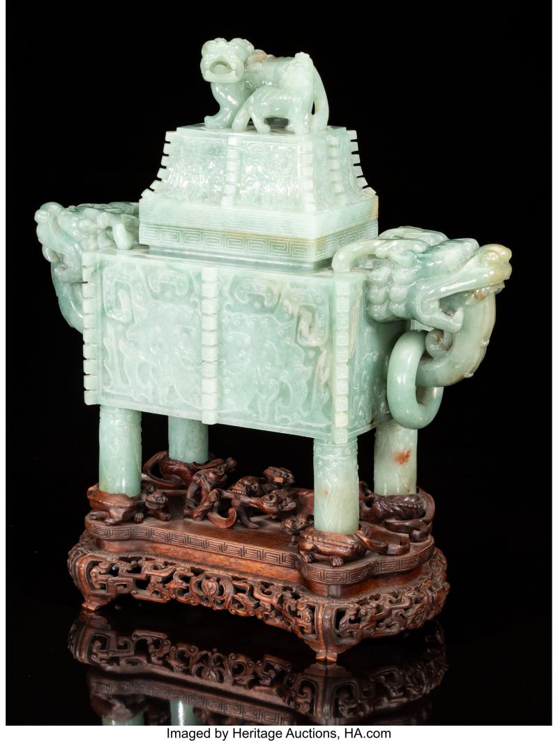 A Large Chinese Carved Jadeite Covered Censer on Wood Stand - 图2
