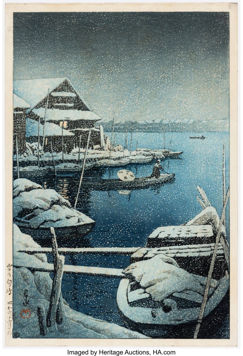 Kawase Hasui (Japanese, 1883-1957), Snow at Mukojima (Yuki no Mukojima)
