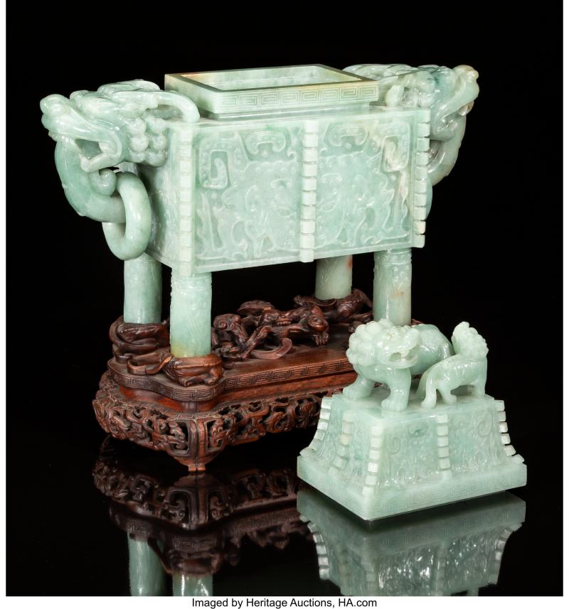 A Large Chinese Carved Jadeite Covered Censer on Wood Stand - 图3