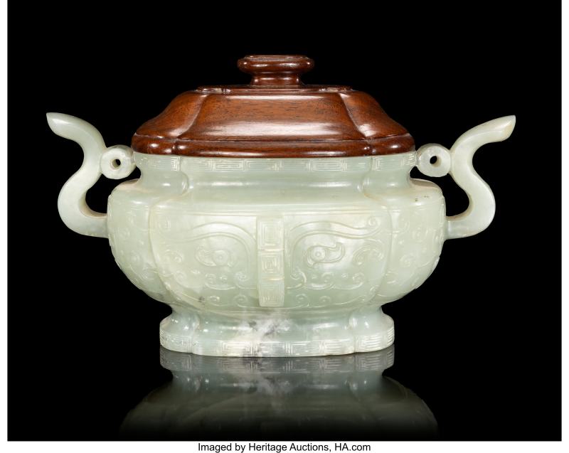 A Chinese Carved Celadon Jade Double-Handled Censer with Wood Cover
