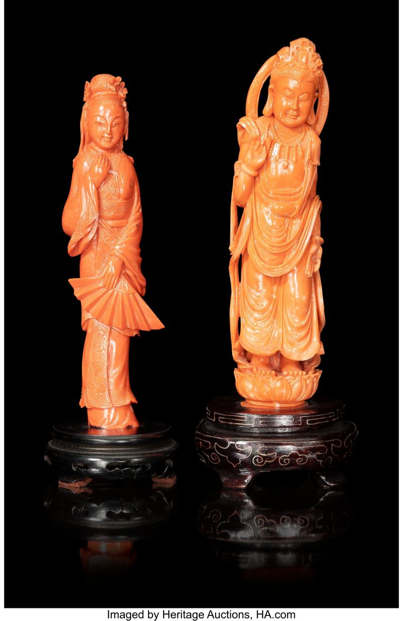 Two Chinese Carved Coral Figures