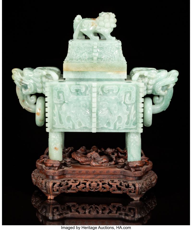 A Large Chinese Carved Jadeite Covered Censer on Wood Stand - 图4