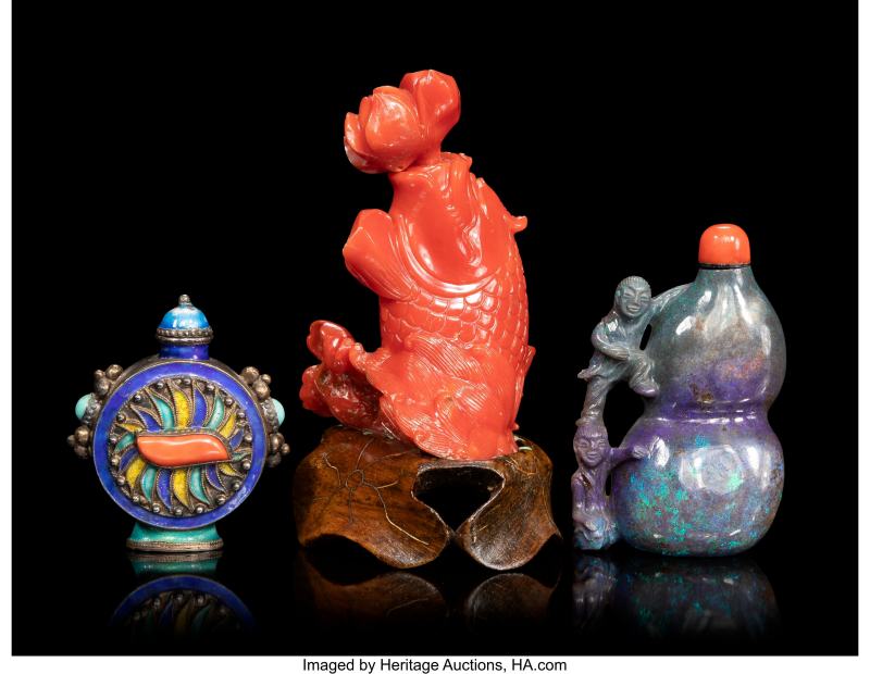 A Group of Three Chinese Coral, Enameled Silver, and Black Opal Snuff Bottles