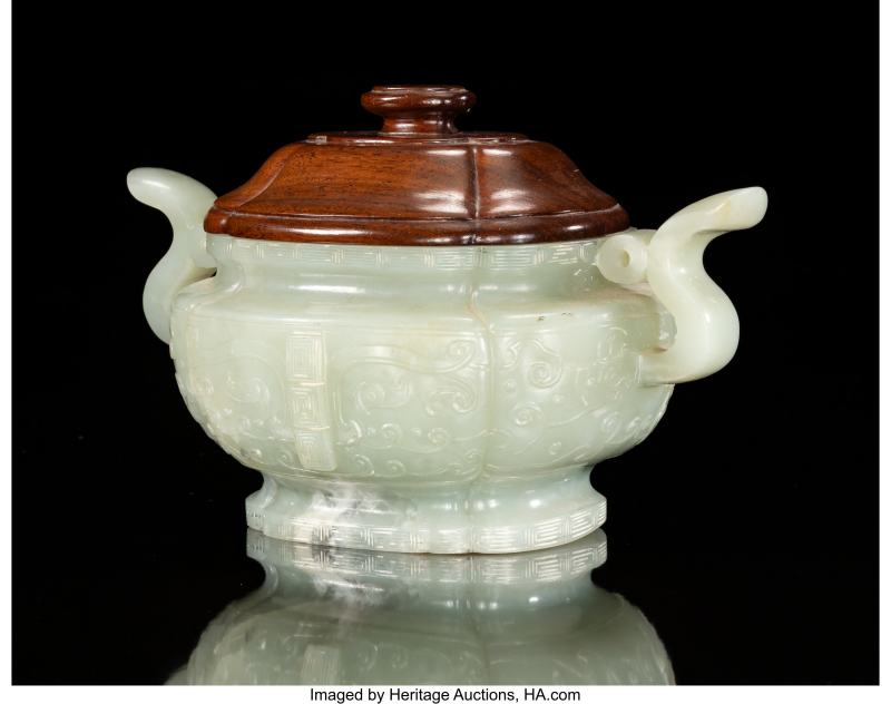 A Chinese Carved Celadon Jade Double-Handled Censer with Wood Cover - 图2