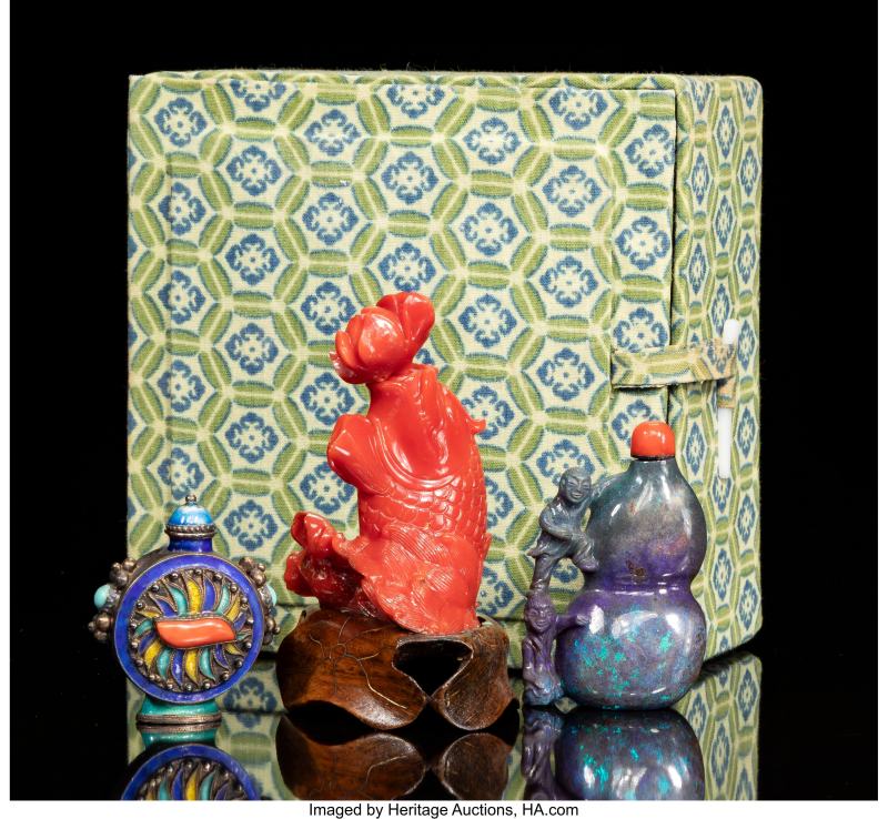 A Group of Three Chinese Coral, Enameled Silver, and Black Opal Snuff Bottles - 图2