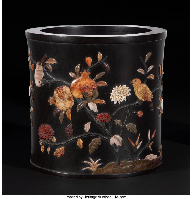 A Chinese Hardstone-Inset Zitan Brushpot