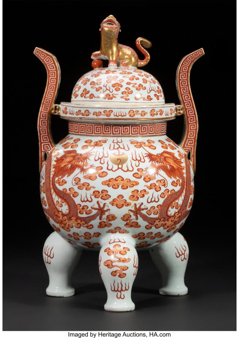 A Chinese Iron-Red and Gilt Decorated Covered Tripod Censer
