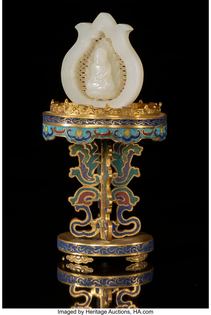 A Chinese Carved White Jade Buddha on Cloisonné Stand - 图2