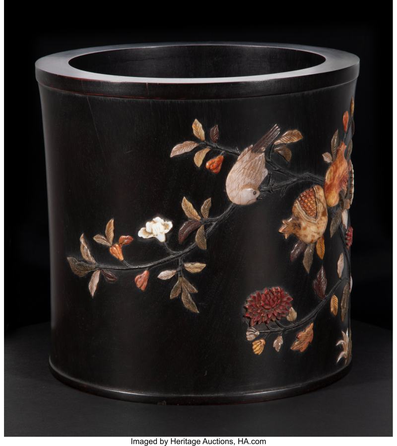 A Chinese Hardstone-Inset Zitan Brushpot - 图2