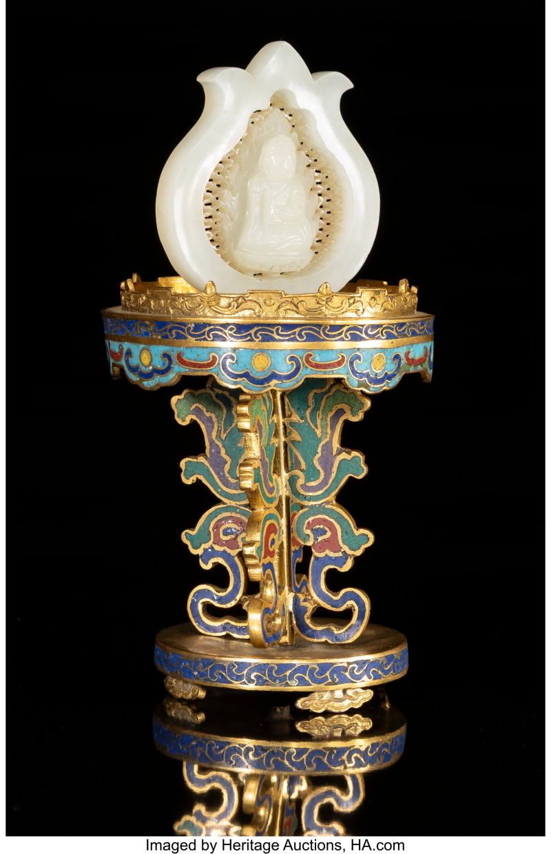 A Chinese Carved White Jade Buddha on Cloisonné Stand - 图3