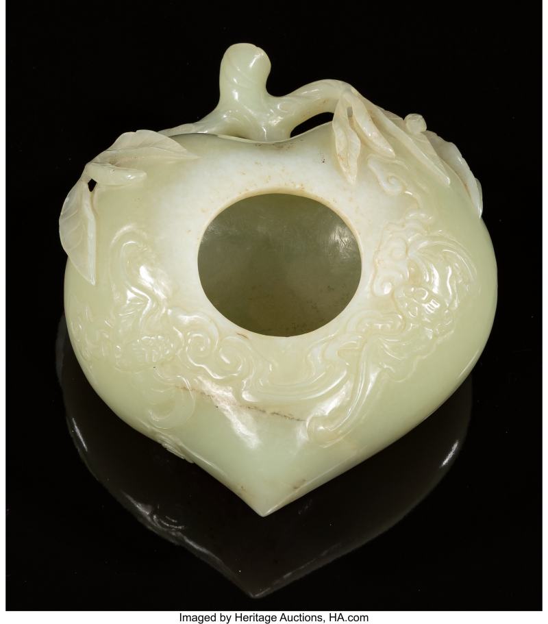 A Chinese Carved Celadon Jade Peach-Form Brush Washer