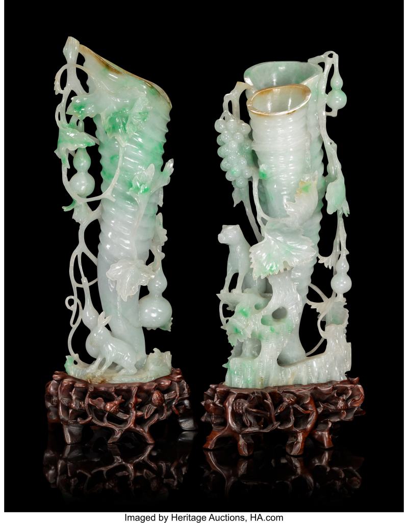 A Pair of Chinese Carved Jadeite Rhyton-Form Vases