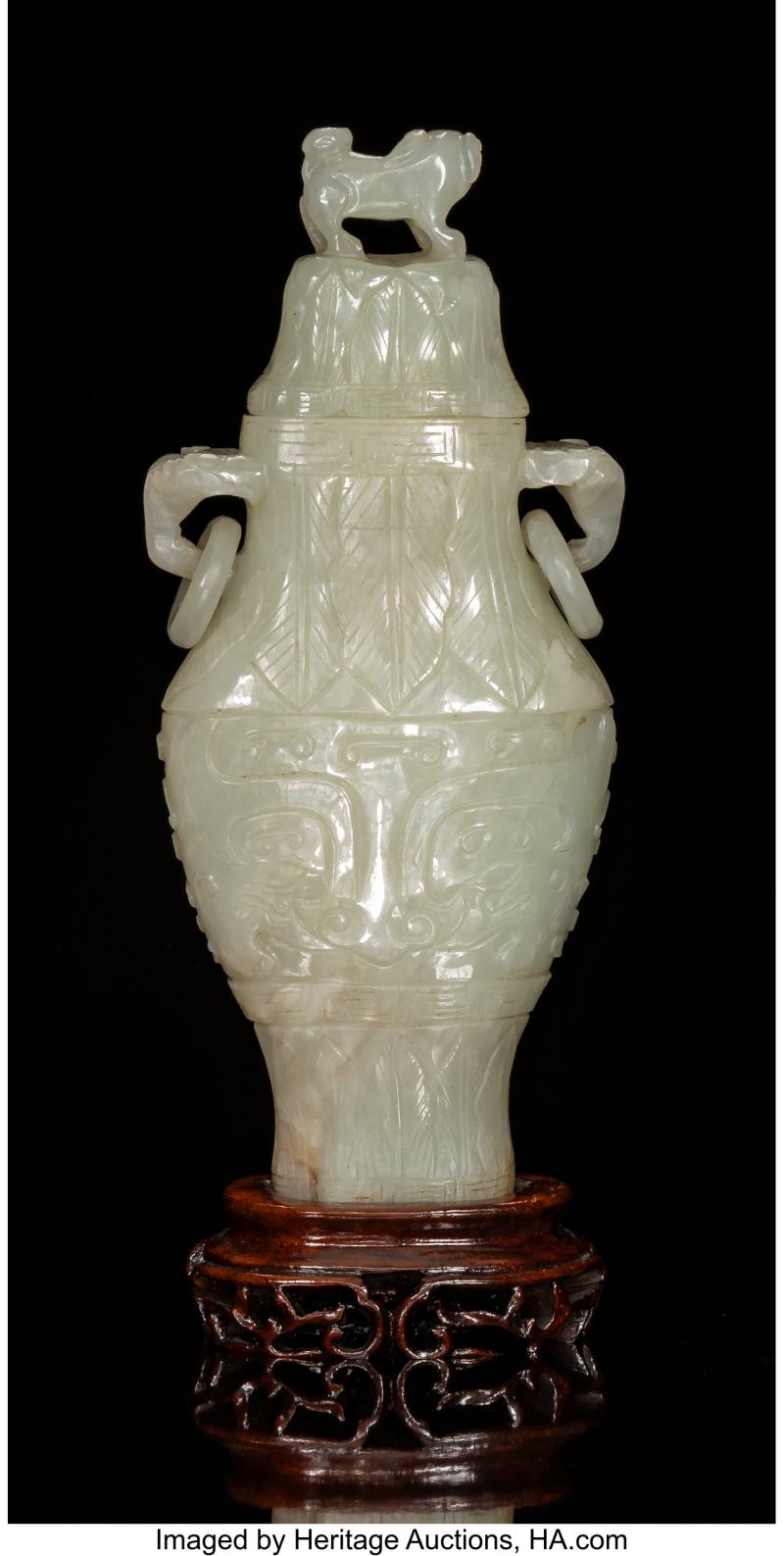 A Chinese Carved Celadon Jade Double-Handled Vase with Cover - 图3