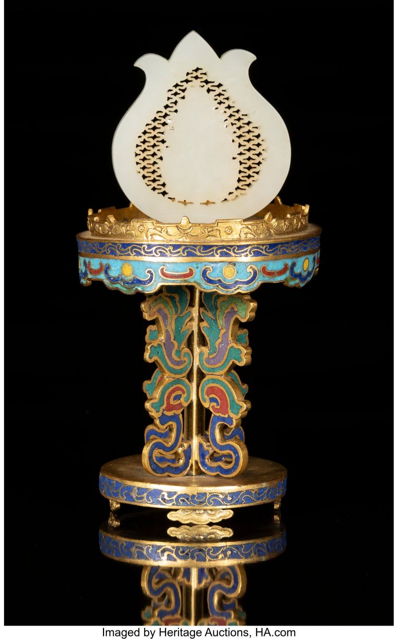 A Chinese Carved White Jade Buddha on Cloisonné Stand - 图4