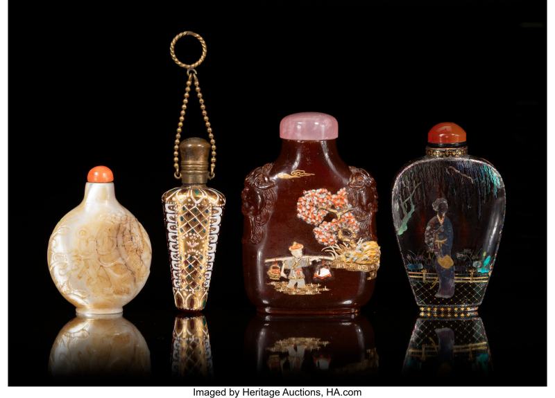 A Group of Four Chinese Snuff Bottles Including One Embellished by the Tsuda Family, Kyoto