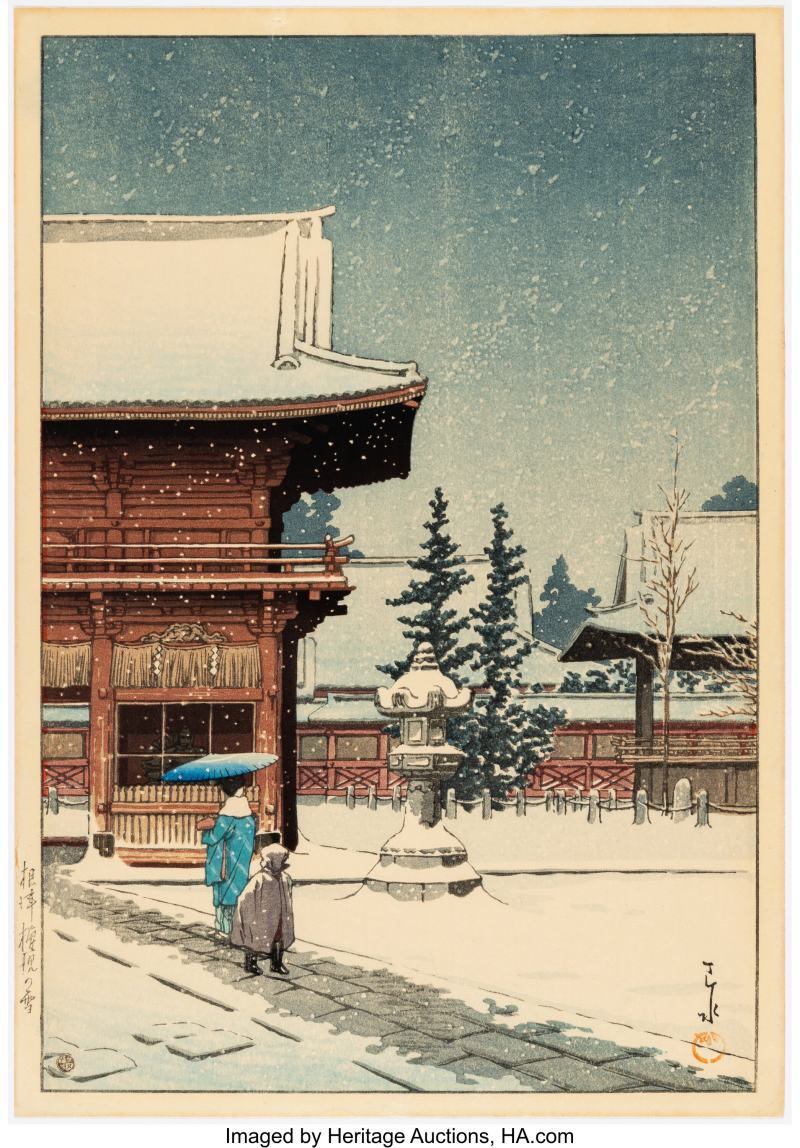 Kawase Hasui (Japanese, 1883-1957), Snow at Nezu-Gongen Shrine (Nezu-gongen no yuki), from the series Collection of Scenic Views of Japan: Eastern Japan (Nihon fukei shu higashi Nihon hen)
