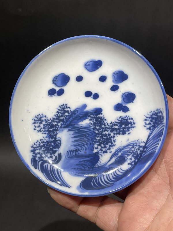 民国青花菖蒲盆带托 - 图2
