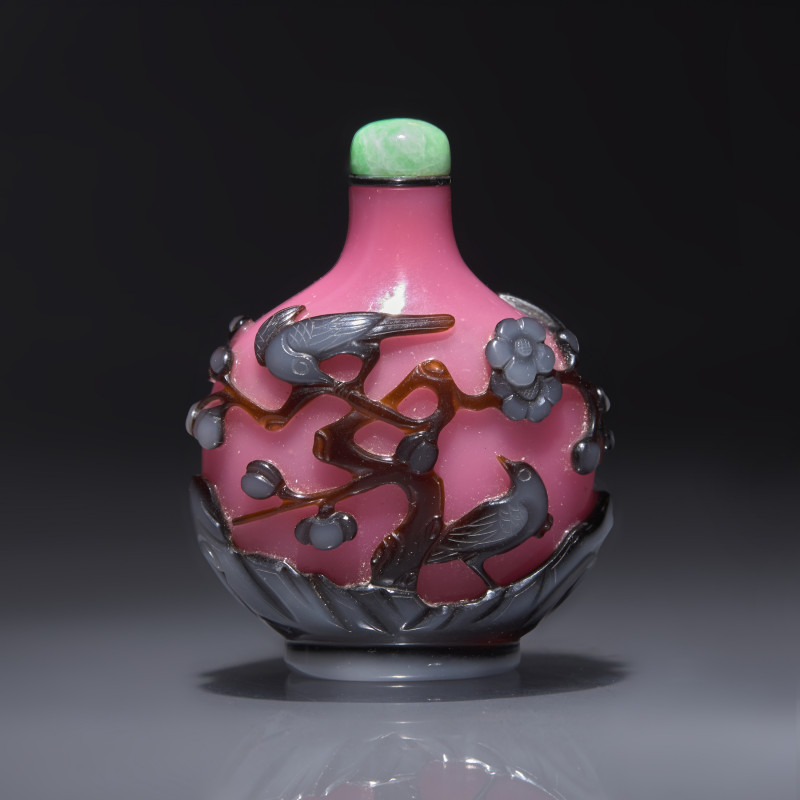 1800-1860年 粉紅地套褐白料喜上眉梢圖鼻煙壺 | A Chinese Double-Overlay Glass "Magpies and Prunus" Snuff Bottle, Qing Dynasty, Circa 1800-1860 - 图1