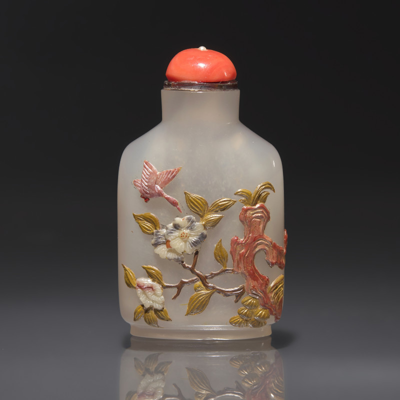 1860-1930年 瑪瑙嵌寶鼻煙壺; 壺嵌飾: 20世紀初 日本京都津田家族作 | A Tsuda Family-Embellished Chinese Chalcedony Snuff Bottle - 图1