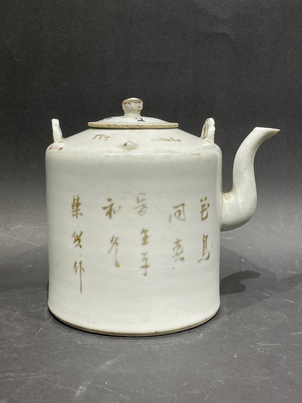 民国 浅降彩花鸟诗文茶壶 - 图3