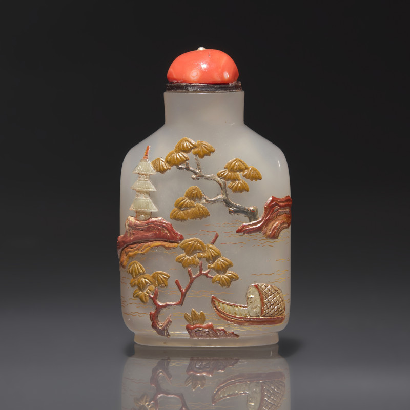1860-1930年 瑪瑙嵌寶鼻煙壺; 壺嵌飾: 20世紀初 日本京都津田家族作 | A Tsuda Family-Embellished Chinese Chalcedony Snuff Bottle - 图2