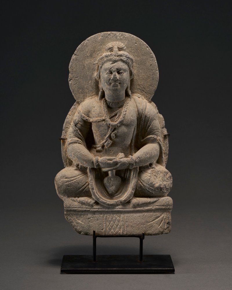 A GREY SCHIST FIGURE OF BODHISATTVA MAITREYA  ANCIENT REGION OF GANDHARA, 3RD-4TH CENTURY