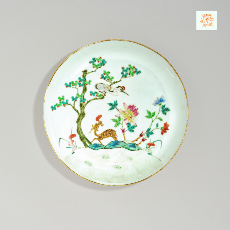 清中期 粉彩鹤鹿同春图盘 - 图1