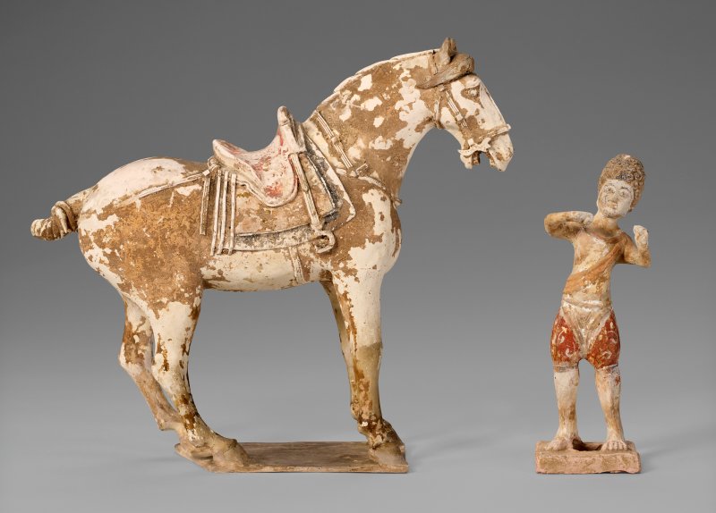 中國 唐 彩繪陶馬及胡人立像  CHINA, TANG DYNASTY (AD 618-907)