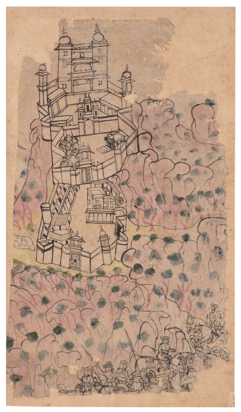 A FORT SET IN A ROCKY LANDSCAPE  INDIA, RAJASTHAN, KOTAH, 1700-1750