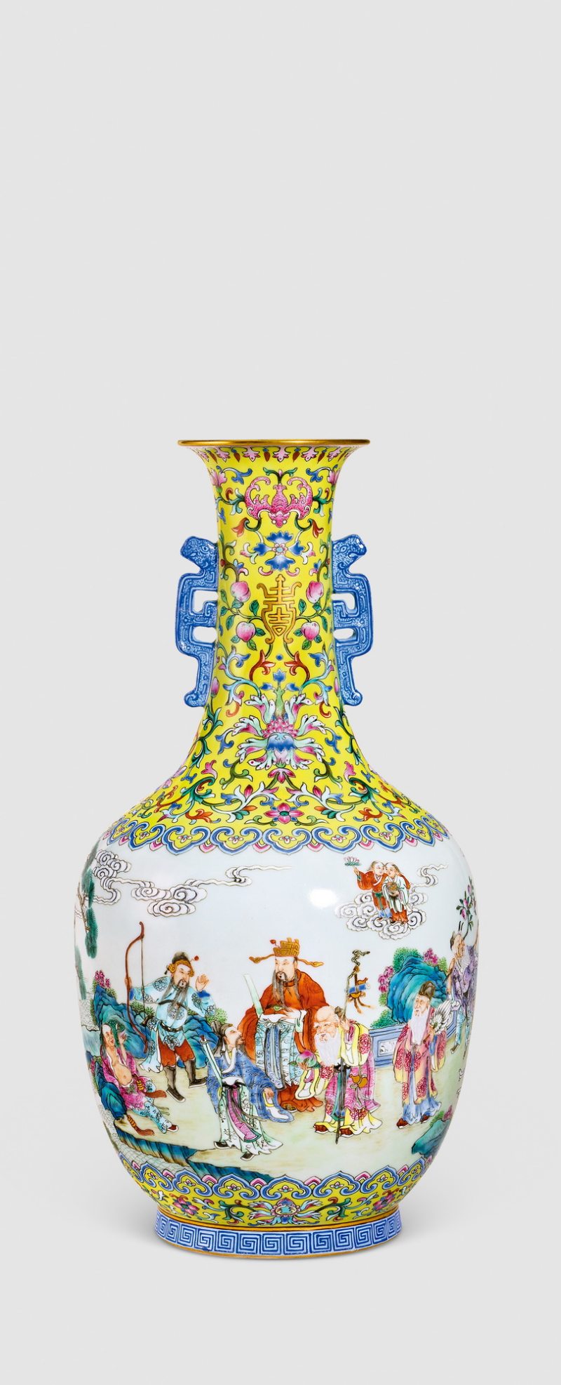 清嘉庆 黄地洋彩福寿连连群仙祝寿图螭耳瓶