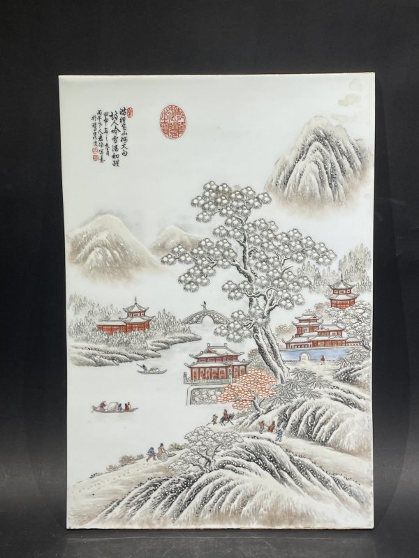 民国 粉彩雪景图瓷板