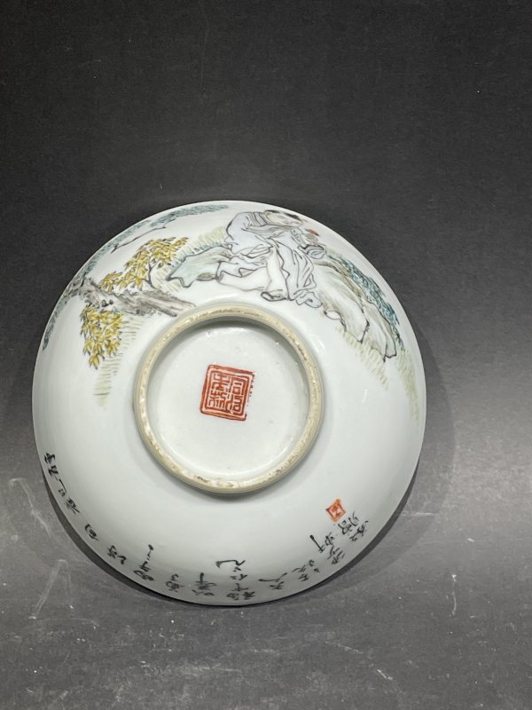 清晚期 浅降彩人物诗文碗 - 图2