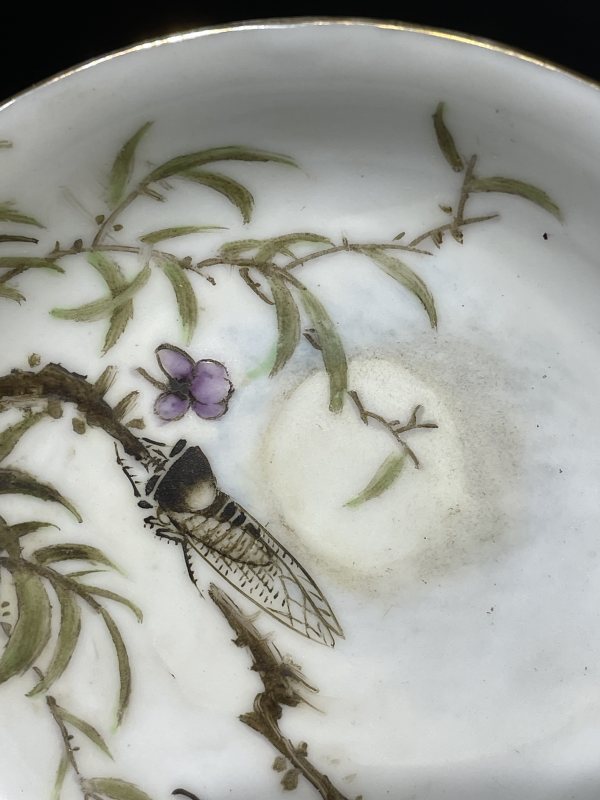 粉彩粉彩花虫诗文盘一对 - 图5