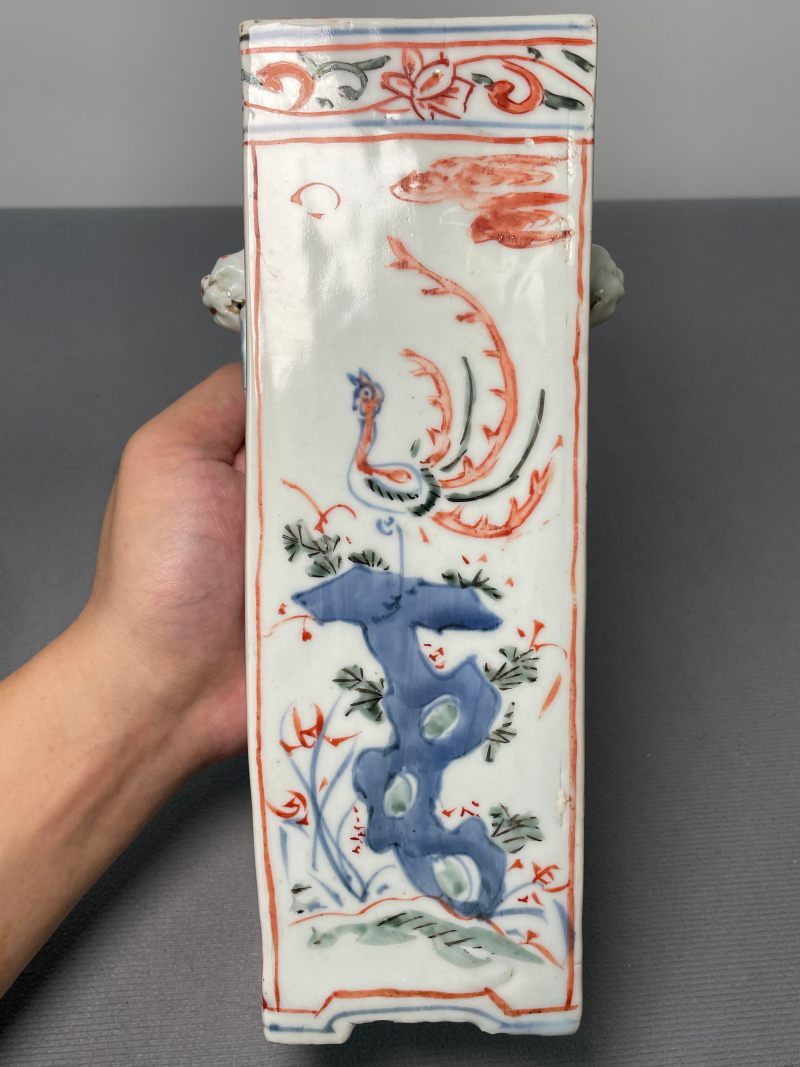 明 青花五彩洞石花鸟纹铺首衔环香筒 - 图8