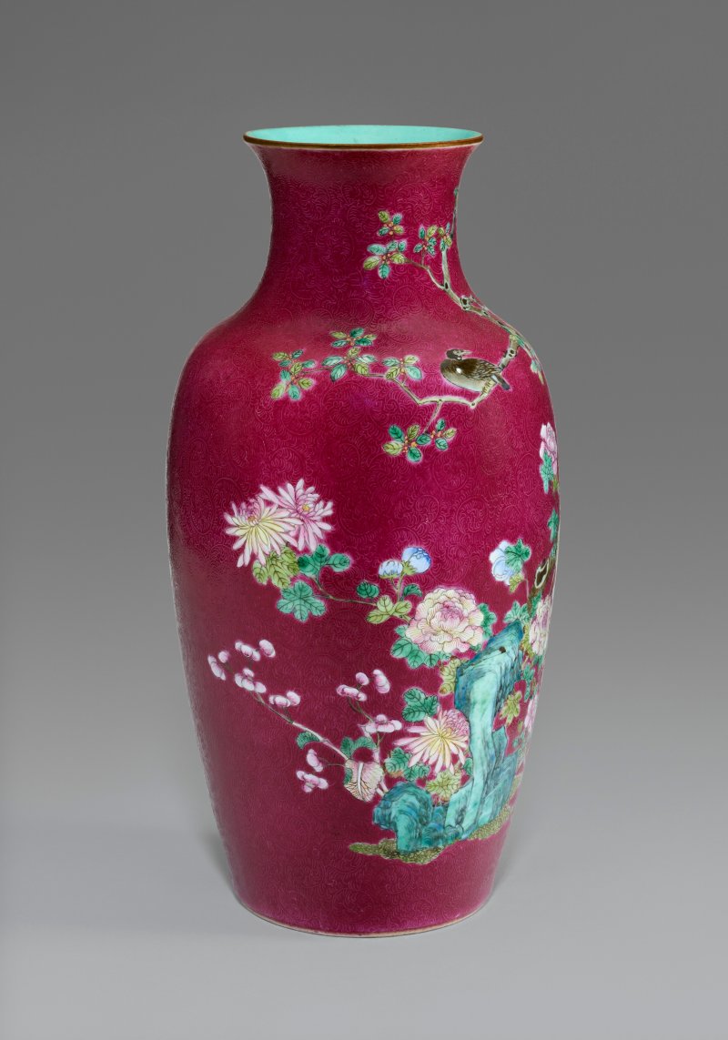 中國 晚清 粉彩軋道胭脂紅地花鳥圖瓶  CHINA, LATE QING DYNASTY - 图3