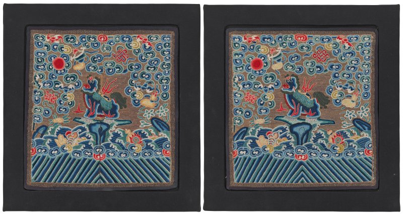 中國 十九世紀 刺綉二品武官獅子紋補子一對  CHINA, 19TH CENTURY