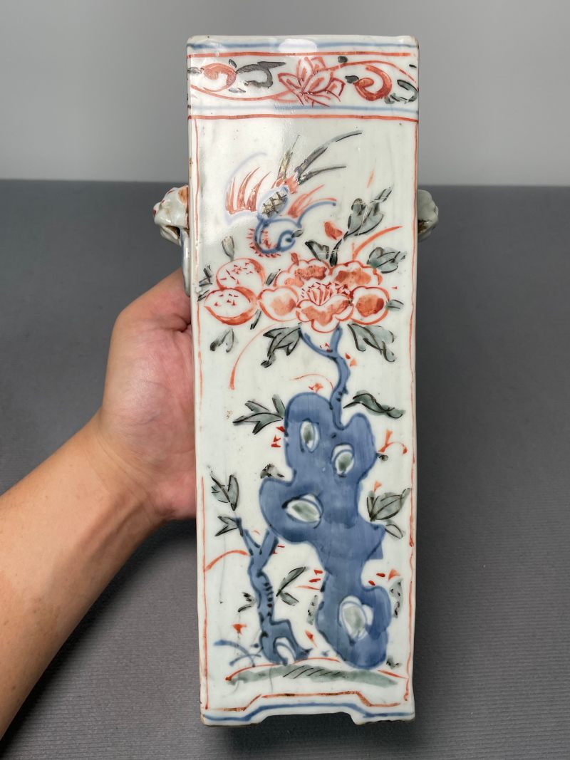 明 青花五彩洞石花鸟纹铺首衔环香筒 - 图10