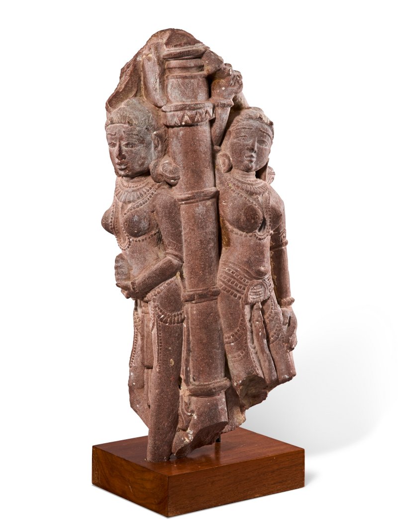 A RED SANDSTONE PAIR OF YAKSHIS  INDIA, RAJASTHAN OR MADHYA PRADESH, CIRCA 11TH-12TH CENTURY