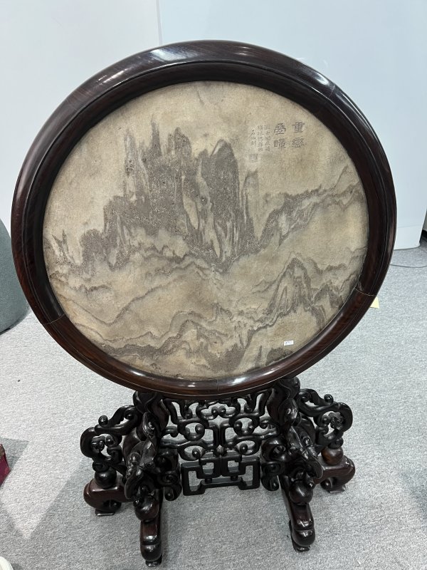 清 石仙款“重峦叠嶂”圆云石屏 - 图2