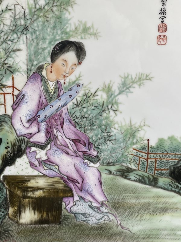 民国 粉彩人物诗文瓷板 - 图3