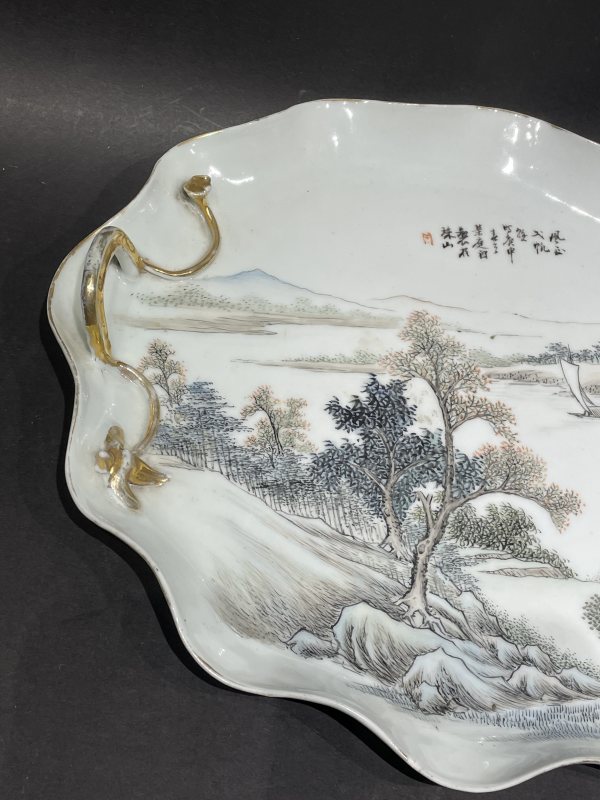 民国 浅降彩山水诗文茶盘 - 图2