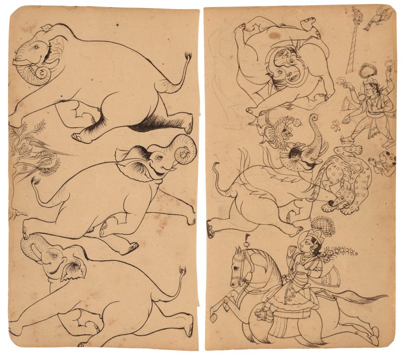 TWO STUDIES FROM KOTAH ARTIST'S SKECTHBOOK  INDIA, RAJASTHAN, KOTAH, 19TH CENTURY