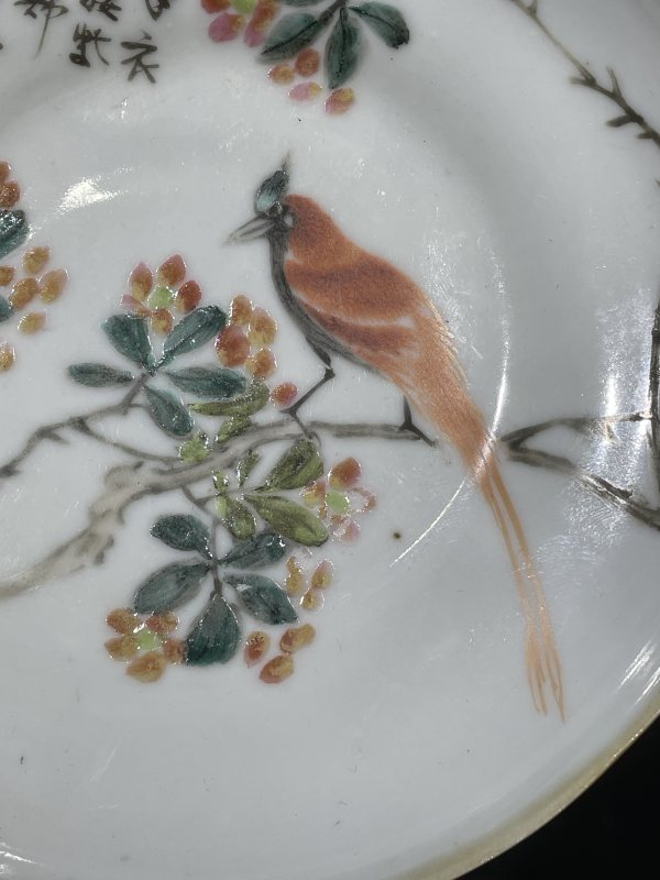 清晚期 浅降彩花鸟纹盘 - 图2