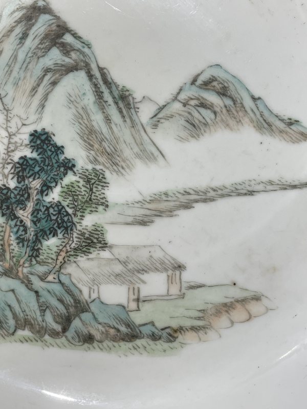 民国 新粉彩山水诗文盘 - 图3