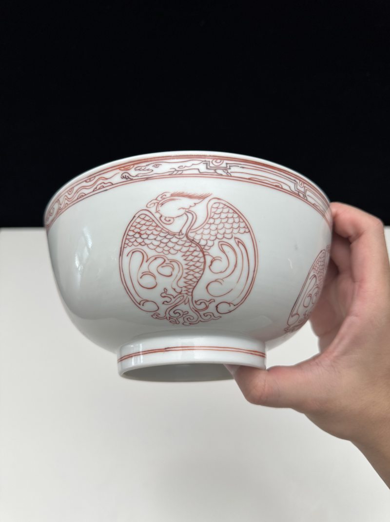 清康熙 矾红团凤纹大碗 - 图5