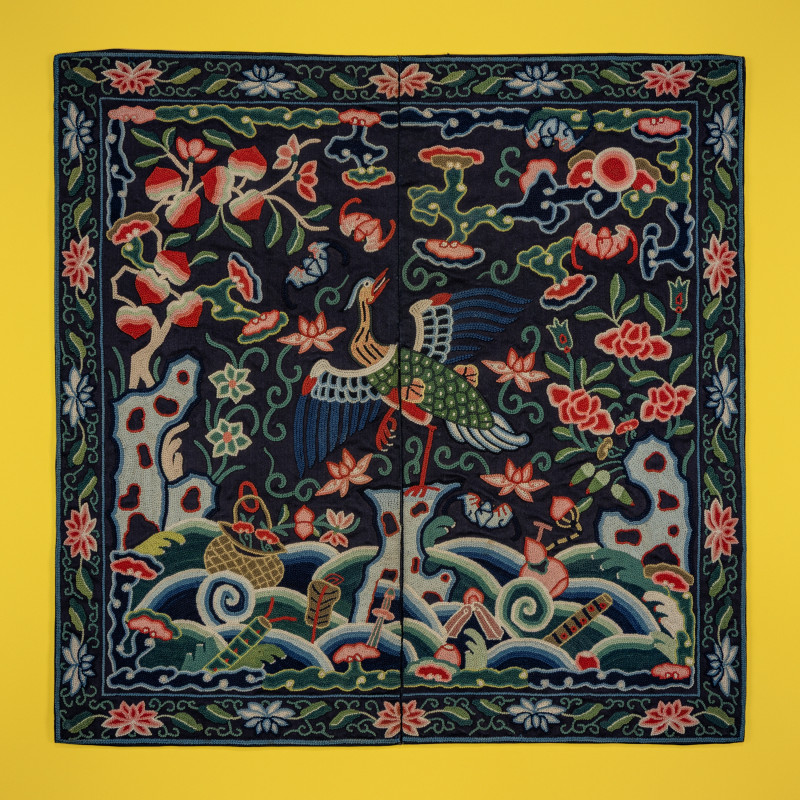 清嘉慶 拉鎖綉三品文官孔雀補子 | A Chinese Embroidered Silk 'Mandarin Duck' Rank Badge, Jiaqing Period