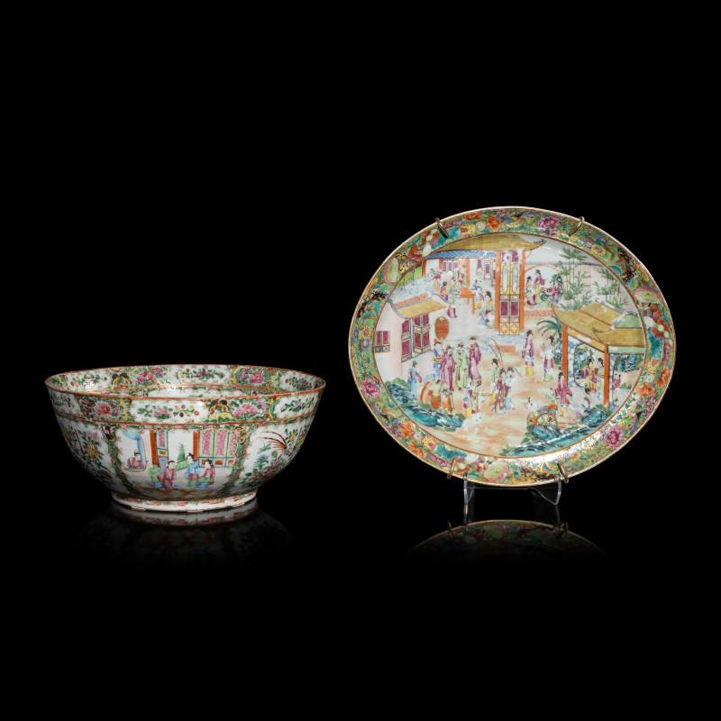 清晚期 廣彩人物圖大碗及賞盤 | Two Chinese Canton Famille Rose Porcelain Wares, 19th Century
