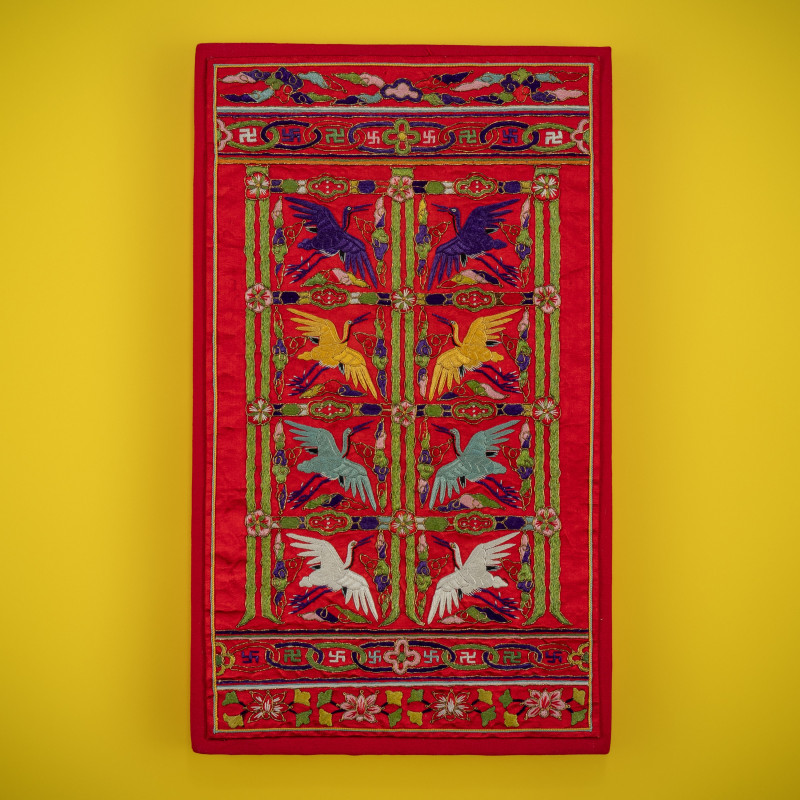 朝鮮王朝 紅地綉鶴紋文官後綬 | A Korean Embroidered Silk 'Crane' Civil-official Husu, Joseon Dynasty, 19th Century